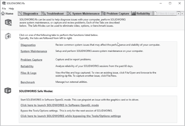 SOLIDWORKS homepage with clickable links labeled Diagnostic, System Maintenance, etc., at the top panel, and with the bottom panel for SOLIDWORKS Safe Modes.