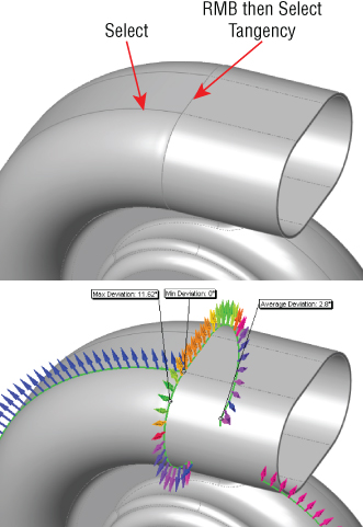 3D Spiral tubes with lines pointed by arrows labeled Select and RMB then Select Tangency (top) and spiral tube with lines having outward arrows labeled Max Deviation: 11.62°, Min Deviation: 0°, etc. (bottom).