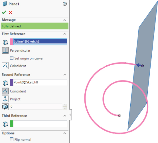 Snipped image of Plane1 menu displaying panels labeled First Reference, Second Reference, and Third Reference (left) and a spiral with outer end linked to a plane (right).