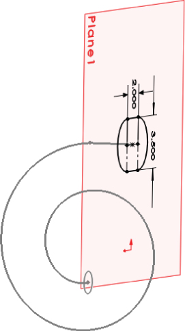 Spiral with outer end linked to the middle of a plane having dimensions labeled 2.000 and 3.500.