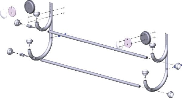 An exploded view of a multibody part displaying curved bar, straight bars, and different sizes of circles.