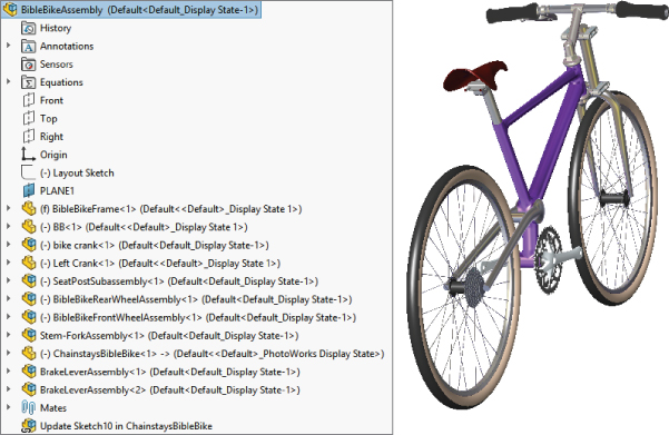 Assembly FeatureManager with folders labeled History, Annotations, Sensors, Equations (Front, Top, Right, Origin, Layout Sketch, and PLANE1), etc. (left) having a 3D bicycle (right).