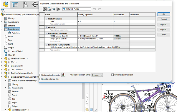 SolidWorks with selected Equations under Assembly FeatureManager displaying an Equations, Global Variables, and Dimensions dialog box with data entry field labeled Filter All Fields.