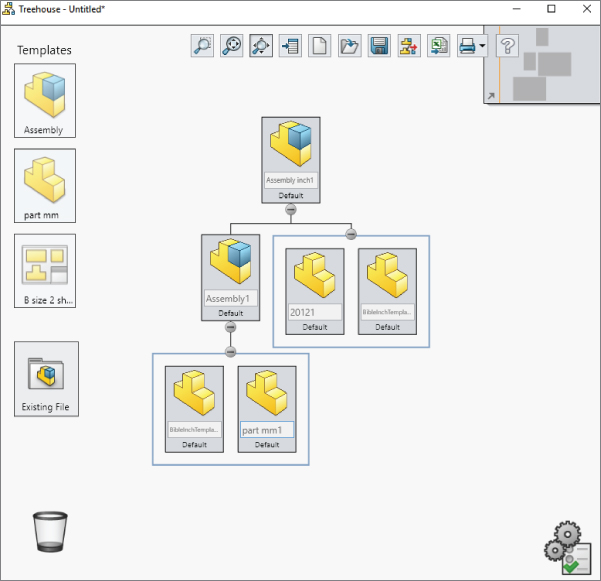 SolidWorks Treehouse – Untitled displaying a 3D tetromino T labeled Assembly and part mm, etc. at the left side and at the center is a diagram of tetrominoes labeled Assembly inch1 linked to Assembly1, 20121, etc.