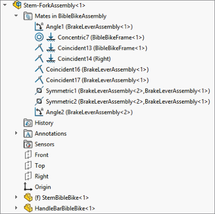 FeatureManager with folders labeled Mates at the bottom containing Angle1 (BrakeLeverAssembly<1>), Concentric7 (BibleBikeFrame<1>), Coincident13 (BibleBikeFrame<1>), Coincident14 (Right), etc.