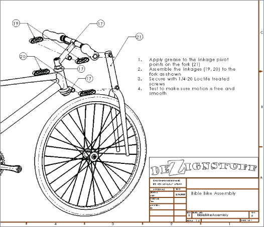 SolidWorks displaying an exploded view of a bible bike with parts numbered and a title block at the bottom right corner.