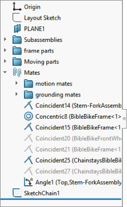 Folders in FeatureManager labeled Subassemblies, frame parts, Moving parts, Mates. Under the Mates folder are motion mates and grounding mates.