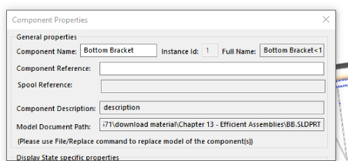 Component Properties dialog box with a panel for General properties having data entry fields labeled Bottom Bracket for Component Name, 1 for Instance Id, Bottom Bracket<1 for Full Name, etc.