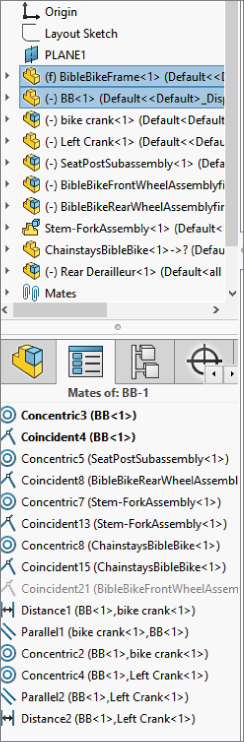 FeatureManager at the top with PropertyManager pane at the bottom displaying a selected Mates of: BB–1 tab with corresponding Mates at the bottom labeled Concentric3 (BB<1>), Coincident4 (BB<1>), etc.