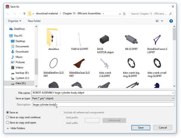 Save As dialog box displaying File name labeled ROBOT ASSEMBLY large cylinder body.sldprt, Save as type labeled Part (*.prt;*.sldprt), Description labeled large cylinder body.