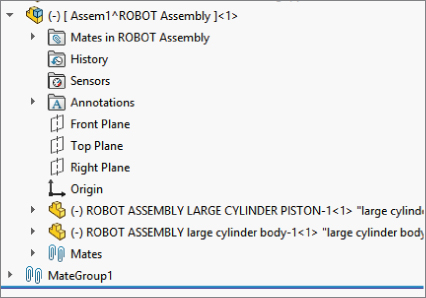 FeatureManager design tree displaying virtual component subassembly and external parts with bottom–facing arrow labeled (–) Assem1^ROBOT Assembly]<1> containing Mates in ROBOT Assembly, History, etc.