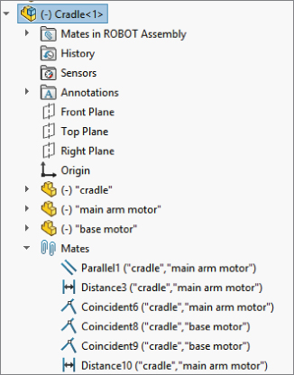 FeatureManager design tree displaying cradle assembly with bottom–facing arrow labeled (–) Cradle<1> containing folders for Mates in ROBOT Assembly, History, etc. and a bottom–facing arrow at the bottom labeled Mates.