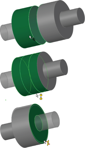 Top: Two aligned 3D cylinders with a space at the center. Center: Two connecting 3D cylinders. Bottom: Two 3D cylinders being inserted.