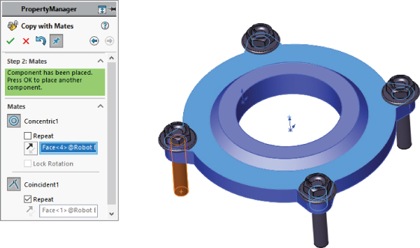 PropertyManager displaying a selected push–pin icon Mates panel consisting of Concentric1 and Coincident1 buttons under Copy with Mates (left) with a 3D assembly having 4 bolts (right).