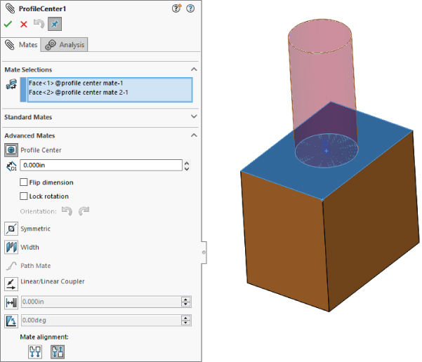 ProfileCenter1 with a selected Mates tab with option bar labeled 0.000in for Profile Center under Advance Mates panel (left) and working area displaying a cylinder connected to the center of a rectangular prism (right).