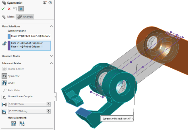 Symmetric1 with a selected Mates tab with data entry field labeled Front XY@Robot Arm2–1… for Symmetry plane under Mate Selections (left) and working area having the gripper jaw labeled Symmetry Plane(FrontXY) (right).