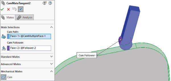 CamMateTangent2 with a selected Mates tab with data entry field labeled Face<1>@CamMultipleFace–1 for Cam Path under Mate Selections, etc. (left) and working area having the dark shaded bar labeled Cam Follower (right).