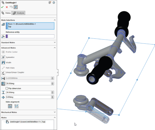 LimitAngle Property Manager displaying data entry field labeled Face<1>@LowerLinkBibleBike–1 Top for Mate Selections, etc. (left) with working area having 2 separated portions of the top front of a Bible Bike (right).