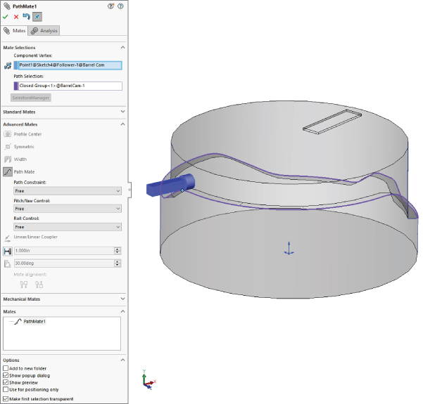 PathMate1 displaying data entry fields labeled Point1@Sketch4@Follower–1@Barrel Cam for Component Vertex and Closed Group<1>@BarrelCam–1 for Path Selections, etc. (left) with a corresponding 3D assembly (right).