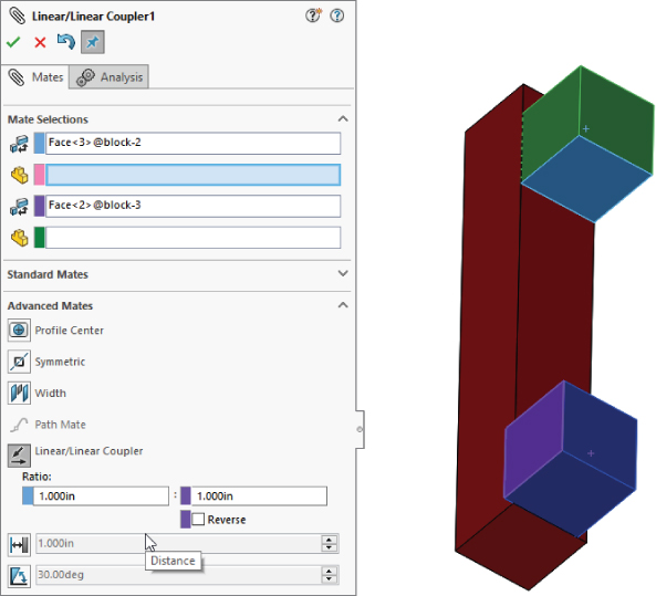 Linear/Linear Coupler1 having data entry fields labeled Face<3>@block–2 and Face<2>@block–3 for Mate Selections, 1.000in for Ratio, etc. (left) with working area displaying vertical bar linked to 2 cubes (right).