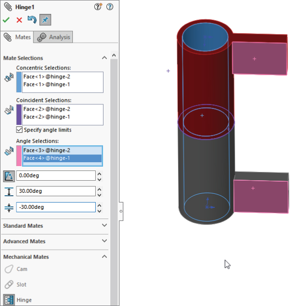 Hinge1 having data entry fields labeled Face<1>@hinge–2 and Face<1>@hinge–1 for Concentric Selections, etc. (left) with working area displaying 2 connecting cylinders with top and bottom ends linked to cuboids (right).