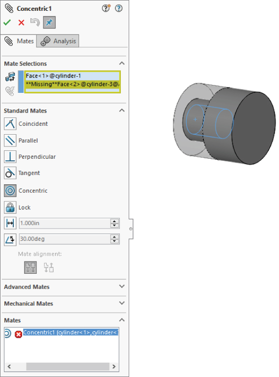 Concentric1 having data entry fields labeled Face<1>@cylinder–1 and **Missing**Face2… for Mate Selections, etc. (left) with working area displaying light and dark shaded cylinders connected (right).