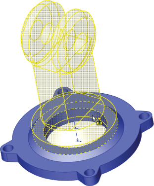 3D Assembly displaying a base having a big circular hole with a light shaded hatched tower snap at the center.