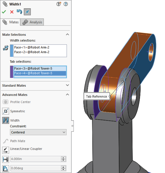 Width1 with Width selections box labeled Face<1>@Robot Arm–1 and Face<2>@Robot Arm–2 and Tab selections box labeled Face<3>@Robot Tower–5 and Face<4>@…(left) having a 3D assembly with Tab reference indicated (right).