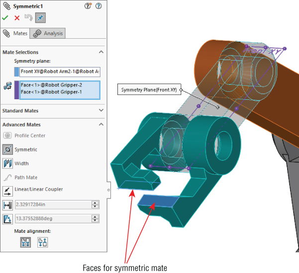 Symmetric1 with 2 Symmetry plane boxes labeled FrontXY@Robot Arm2–1@Robot... (top) and Face<1>@Robot Gripper–2 and Face<1>... (bottom) having a 3D assembly with grippers labeled Faces for symmetric mate, etc. (right).