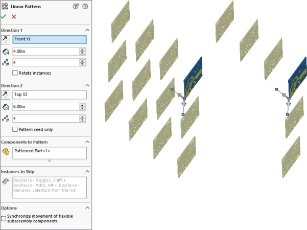 Linear Pattern with Direction 1 boxes labeled Front XY, 4.00in, and 4, Direction 2 boxes labeled Top XZ, 6.00in, and 4, Components to Pattern box labeled Patterned Part<1>, etc. (left) having shaded plates (right).