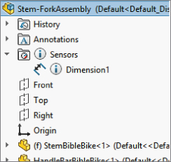 FeatureManager with folders labeled History, Annotations, and Sensors. Under Sensors folder is an icon labeled Dimension1.