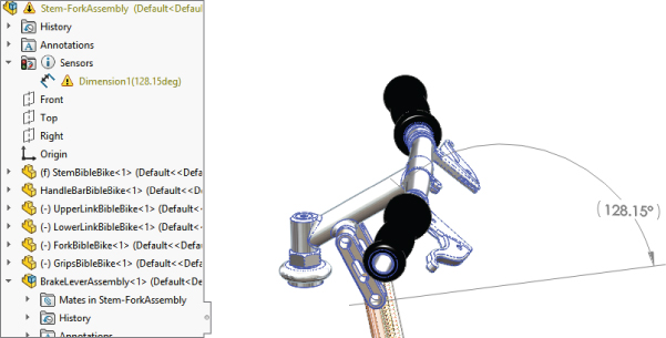 FeatureManager design tree with folders labeled History, Annotations, and Sensors. Under the Sensor folder is a warning icon labeled Dimension1(128.15deg) (left) with an assembly having a 128.15° indicated (right).