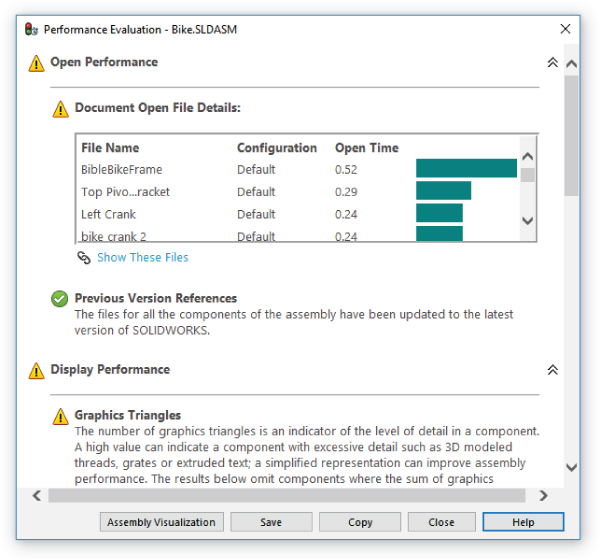 Performance Evaluation – BikeSLDASM dialog box with Document Open File Details displaying a table with corresponding horizontal bars for BibleBikeFrame, Top Pivo…racket, Left Crank, bike crank 2, etc.