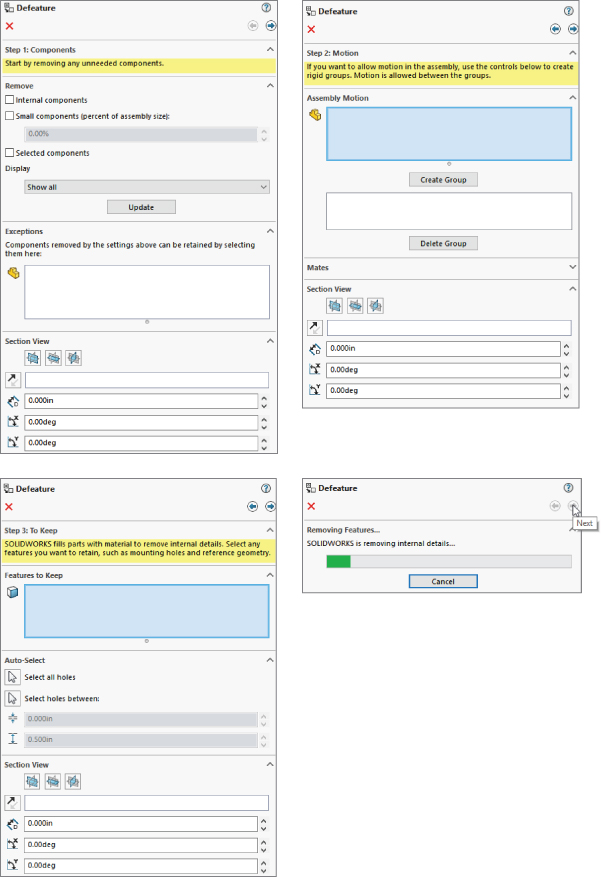 4 Defeature folders with panels labeled Step 1: Components (top left), Step 2: Motion (top right), Step 3: To Keep (bottom left), and a loading bar for Removing Features… with a button labeled Cancel (bottom right).