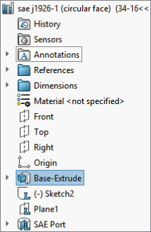 FeatureManager of a library feature part with folders labeled History, Sensors, Annotations, References, and Dimensions, Reference Geometry, and Features labeled Base–Extrude, (–) Sketch2, Plane1, and SAE Port.