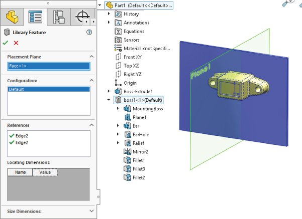 Library Feature interface with Placement Plane box labeled Face<1>, Configuration box labeled Default, etc. with Part1 (Default<<Default…) having list of folders labeled History, Annotations, etc.