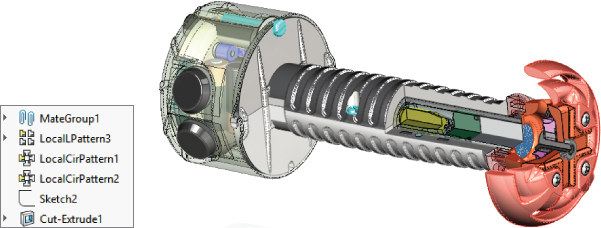 Snipped image of Assembly Features labeled Mate Group1, LocalCirPattern3, LocalCirPattern1, LocalCirPattern2, Sketch2, and Cut–Extrude1 (left) having an isometric cutaway view (right).