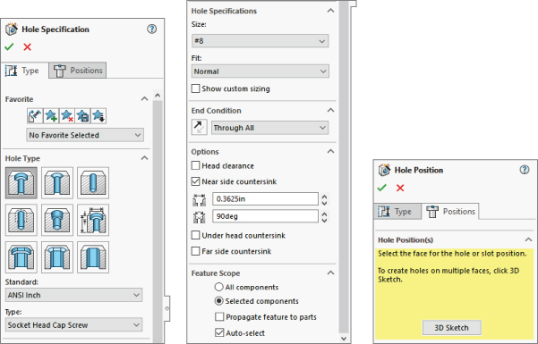 Hole Wizard PropertyManager interface with panels labeled Favorite, Hole Type, Hole Specifications, End Condition, Options, Feature Scope, and Hole Position with a button at the bottom labeled 3D Sketch.