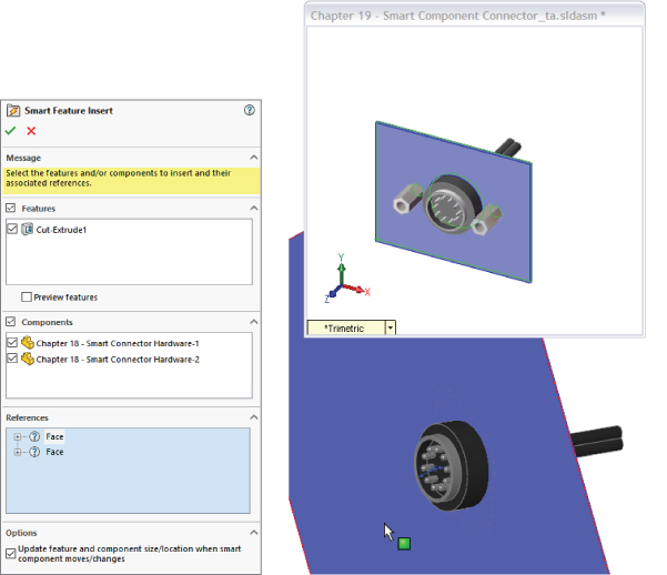 Left: Smart Feature Insert dialog box with Features, Components, and References Options panels and a check mark icon. Right: interface with electrical connector mounted sheet metal (top) and its magnified view (bottom).