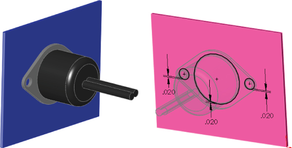 3D structure of a connector on a dummy part of a rectangular piece (left) and the Offset the two mounting holes and the area around where the connector will stick through the sheet metal by about .02 inch (right).