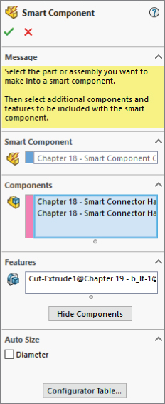 Smart Component Property Manager interface displaying check and X marks, two hardware components in the Components selection box, and Cut–Extrude1@Chapter 19 – b_lf–@... in the Features selection box.