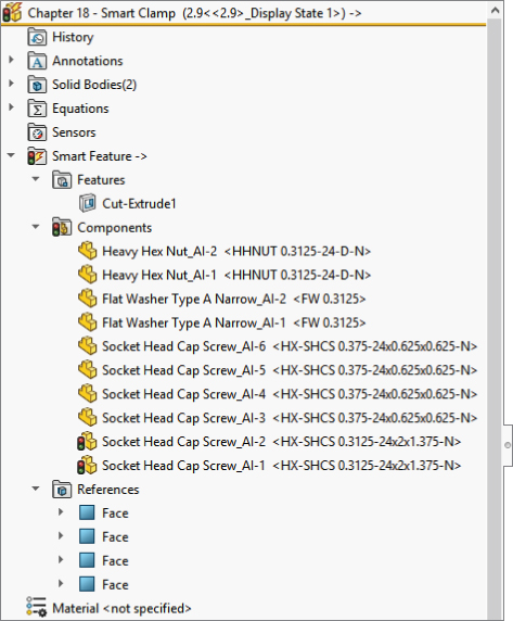 Configurator Table dialog box displaying 11 rows under (left–right) Chapter 18 – Smart Clamp column, Cut–Extrude1, 6 socket head cap columns, 2 Flat Washer Type A columns, and 2 Heavy Hex Nut_Al–1 columns.