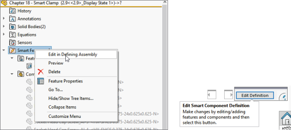 Part of the FeatureManager of a Smart Component displaying the list of the in–context feature, the associated components, and the face references.