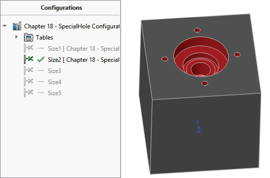 Sketches of the hole before (top) and after (bottom) the edit. C'Bore depth, C'Bore diameter, hole depth, hole diameter, and drill angle are labeled.