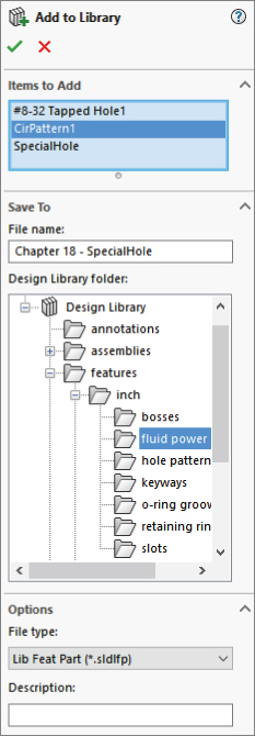 Design table for SpecialHole feature with rows Size1, Size2, Size3, Size4, and Size5 under column A and headers $DESCRIPTION, $COLOR, C'Bore Dia.@Sketch3, and MountRad@Sketch5 in columns B, C, D, and E, respectively.