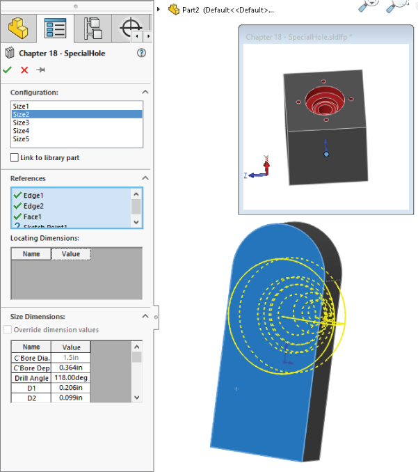 Add to Library dialog box displaying Items to Add field set to CirPattern1, file name field set to Chapter 18 – SpecialHole, and the highlighted fluid power folder in the features folder.