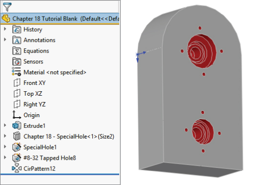 PropertyManager displaying the Configuration drop–down list with highlighted Size2 option (left); and 3D structures of a box with hole (top right) and a rectangle with 2 round corners and sketch lines (bottom right).