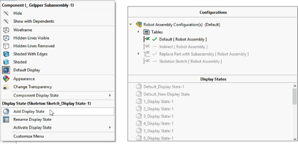 Component (_Gripper SubAsssembly–1) pane with mouse pointer on the Add Display State option (left); and Configurations pane (top right) and Display States pane (bottom right).