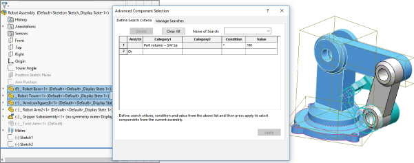 Robot Assembly (Default<Skeleton Sketch_Display State–1>) screen overlapped by the Advanced Component Selection dialog box with Define Search Criteria tab (left); and 3D structure of the robot assembly (right).