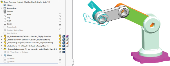 FeatureManager design tree with Robot Assembly (Indirect<Skeleton Sketch_Display State–1>) (left) and the 3D structure of the robot arm with layout of the portion of the gripper (right).